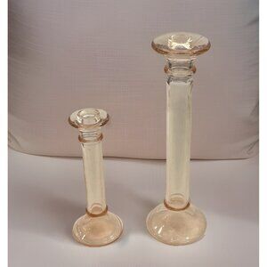 2pc Set Pink Depression Glass Taper Candlestick Holders Bud Vase 1930’s Art Deco